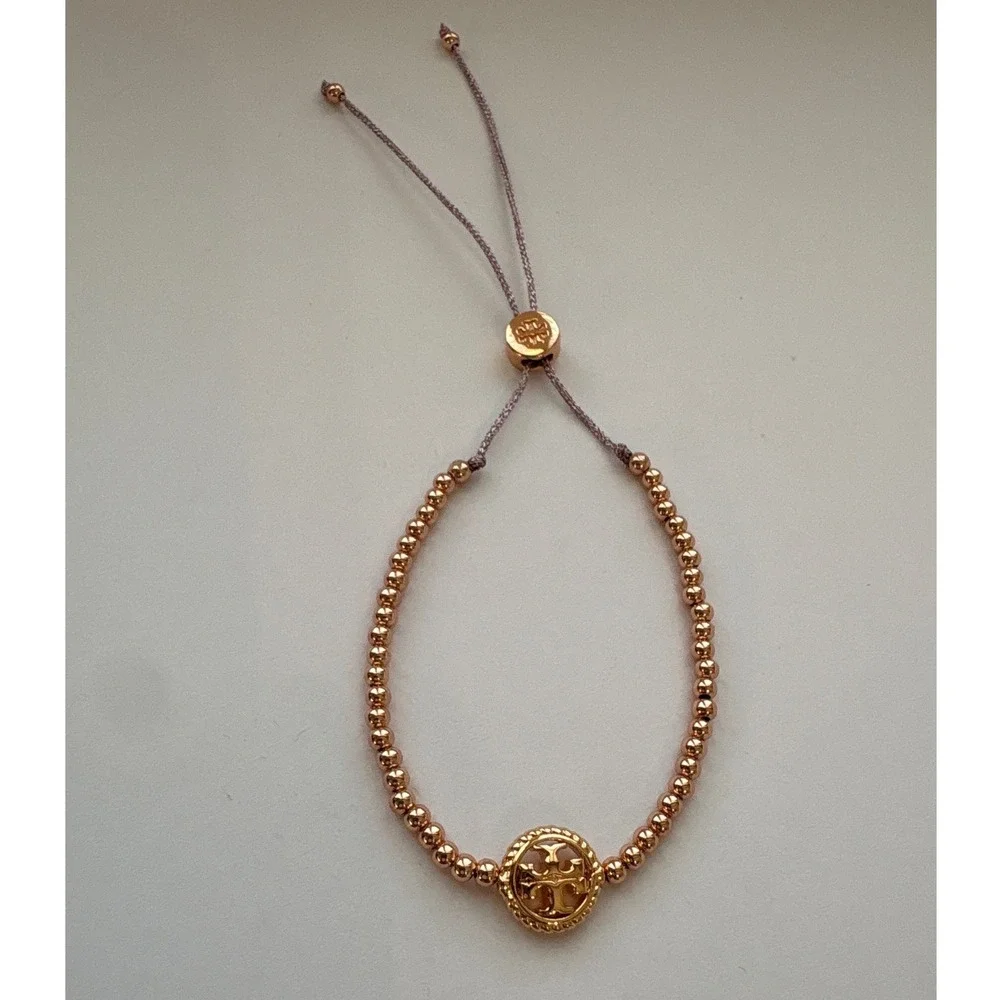 Tory Burch Miller Rose Gold Tone Pave Beaded Slider Bracelet Adjustable NEW
